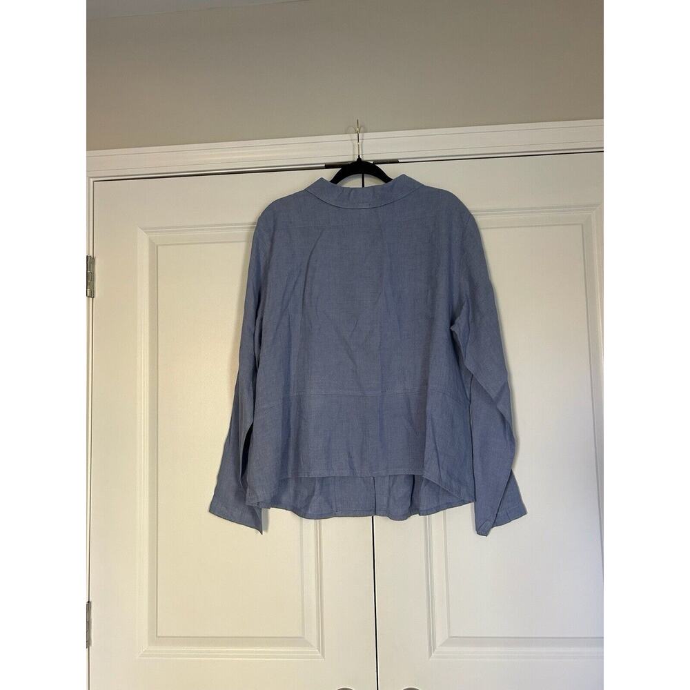 FLAX L Blue Lavender Button Up Long Sleeve Linen Shirt Jacket Collar Lagenlook - Picture 5 of 6